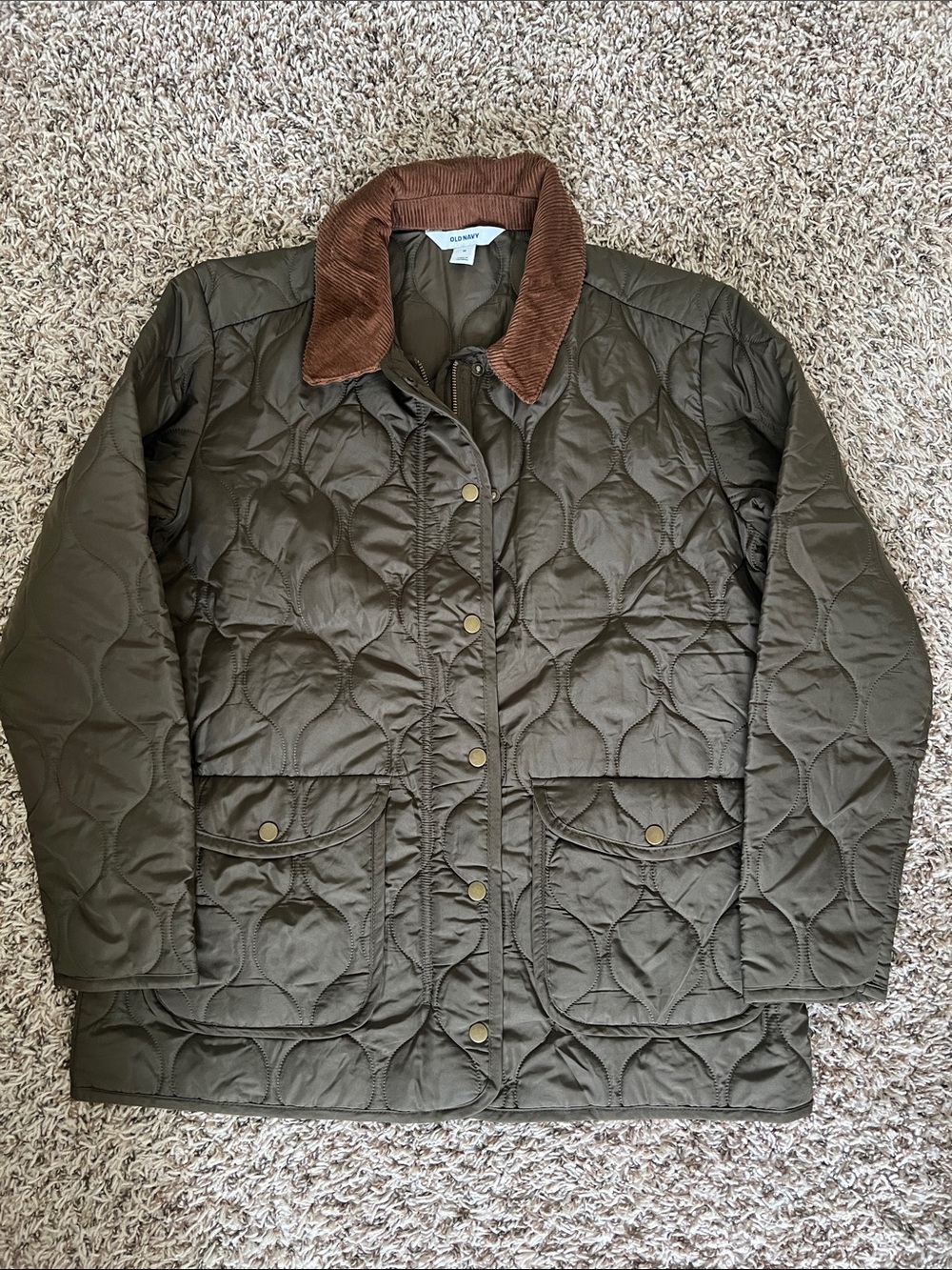 Old Navy Barbour-Style Quilted Green Barn Jacket with Brown Corduroy Collar